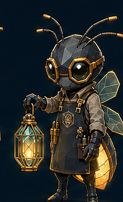 Glim, the firefly engineer — full-body view, lantern in hand