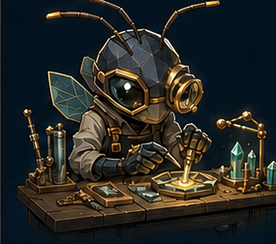 Glim at his workbench, building by lantern light