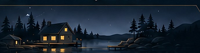 A lit lake house on a Michigan night, pines against the sky